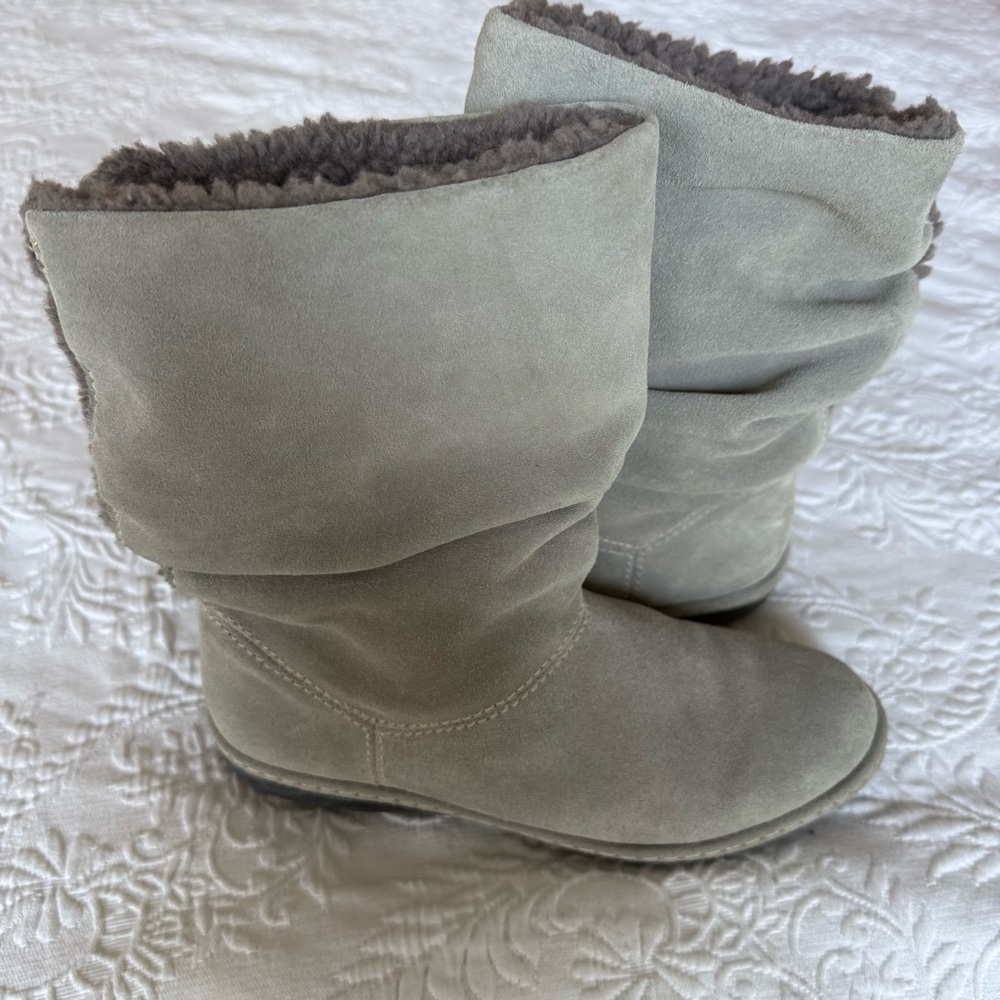 Lands End Cozy Suede Gray Boots with Faux Fur Lining Size 7.5